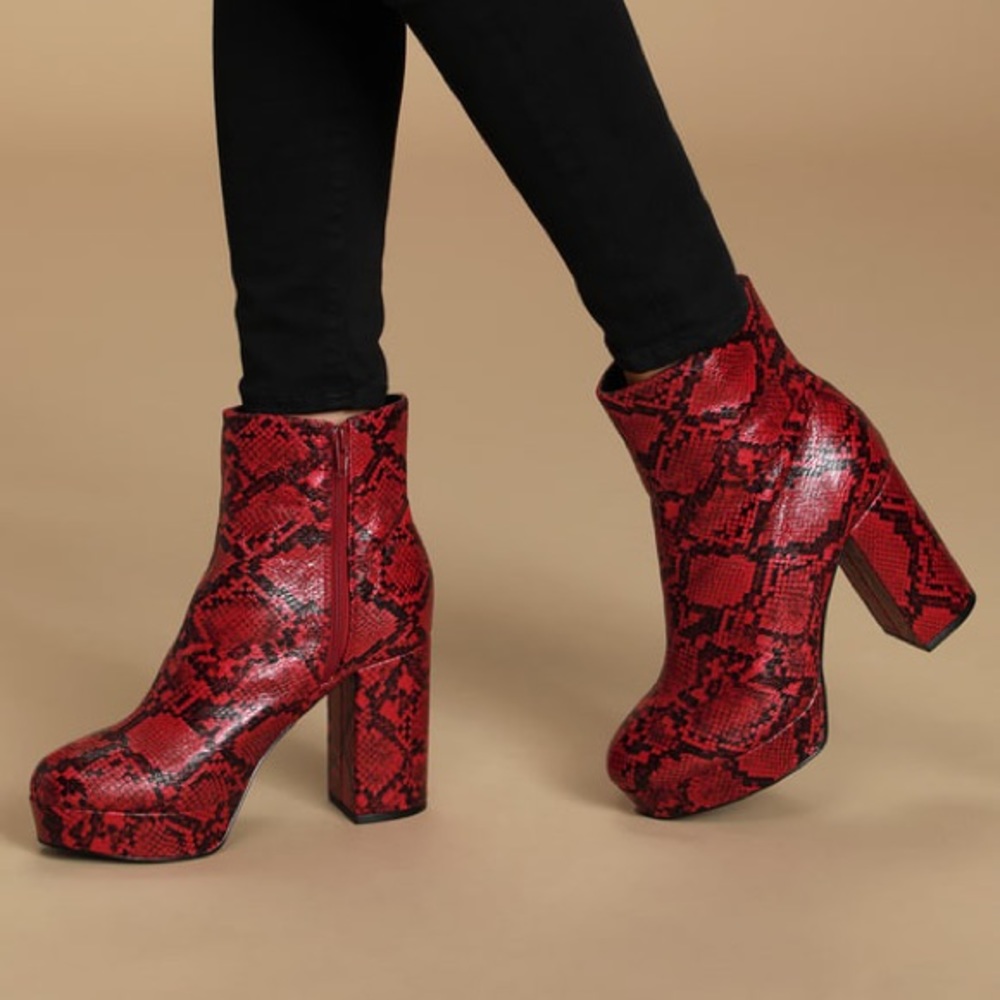 Layne Red and Black Snake Platform Ankle Booties